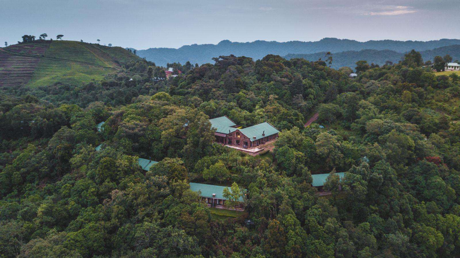 Aerial view of building of clouds mountain lodge